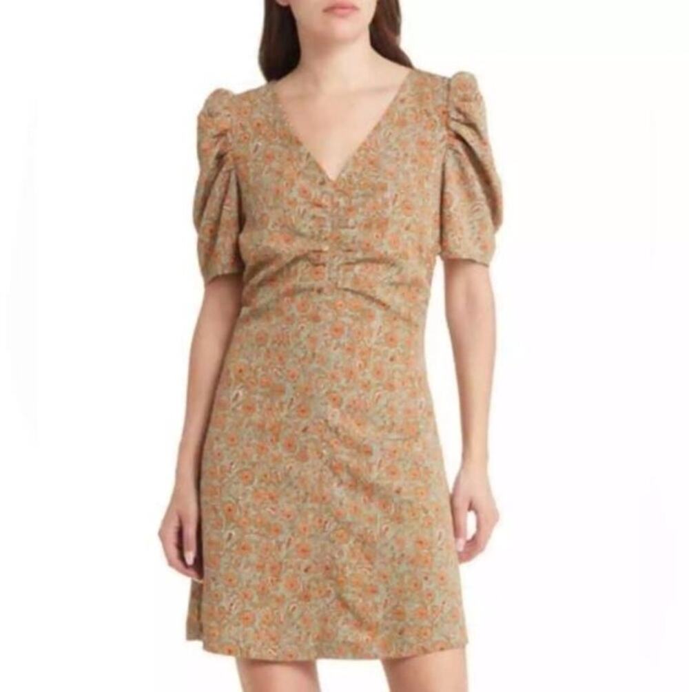 Treasure & Bond Floral Puff Sleeve Ruched Mini Dress Multicolor Womens Size XL